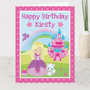 Blonde prinses met kasteel & regenboog verjaardag kaart