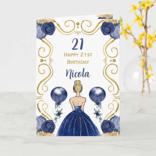Blonde prinses Navy Happy Birthday Kaart (Gele Bloem)