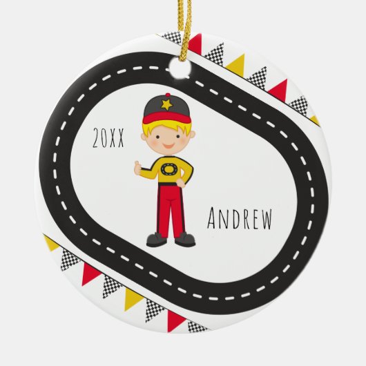Blonde Racer Boy Kerstversiering Keramisch Ornament (Voorkant)