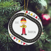 Blonde Racer Boy Kerstversiering Keramisch Ornament