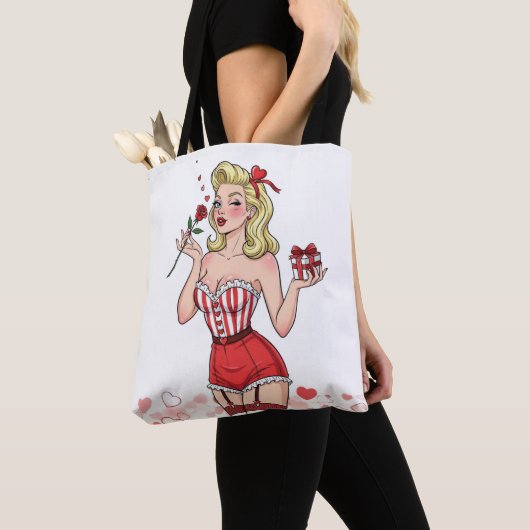 Blonde Retro Valentijn Pin-Up Meisje Tote Bag (Dichtbij)
