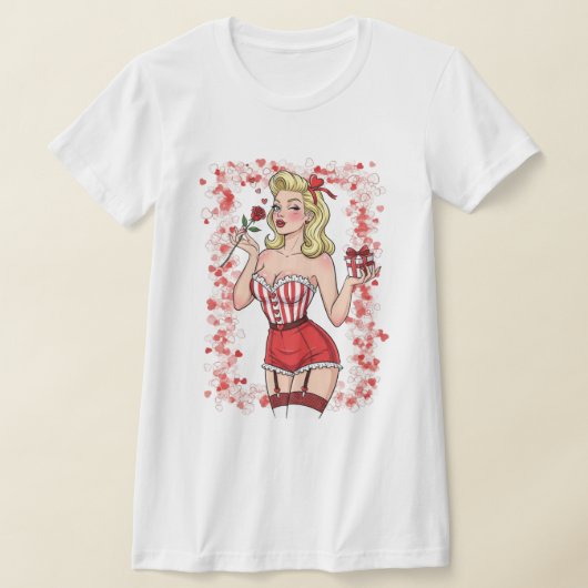 Blonde Retro Valentine Pin-Up Girl T-shirt (Laagn)