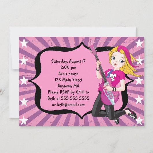 Blonde Rock Star Girl Birthday Invitation Kaart (Voorkant)