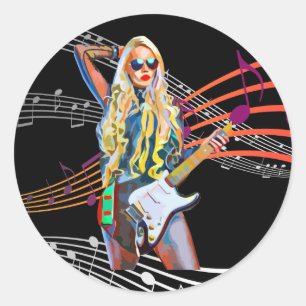 blonde Rocker Abstract Vrouw gitaar Muziek Kunst Ronde Sticker