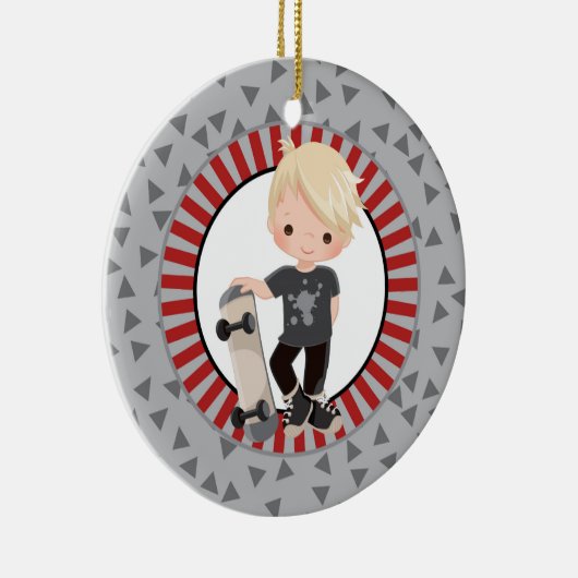Blonde Skateboard Boy - Grey Red Keramisch Ornament (Rechts)