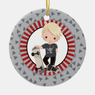 Blonde Skateboard Boy - Grey Red Keramisch Ornament