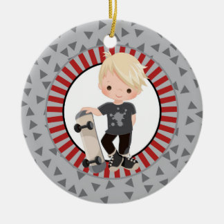 Blonde Skateboard Boy - Grey Red Keramisch Ornament