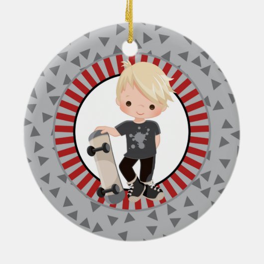 Blonde Skateboard Boy - Grey Red Keramisch Ornament (Achterkant)