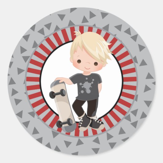 Blonde Skateboard Boy - Grey Red Ronde Sticker (Voorkant)