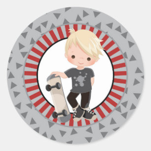 Blonde Skateboard Boy - Grey Red Ronde Sticker