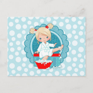 Blonde Spa Girl Bubbles Turquoise Red White Briefkaart