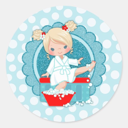 Blonde Spa Girl Bubbles Turquoise Red White Ronde Sticker (Voorkant)