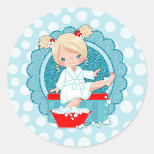 Blonde Spa Girl Bubbles Turquoise Red White Ronde Sticker