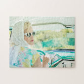 Blonde uit 1950 in een Turquoise Thunderbird Legpuzzel (Horizontaal)