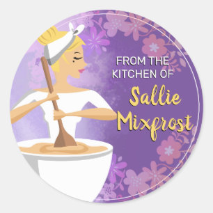 Blonde vrouw bakkerij uit de keuken ronde sticker