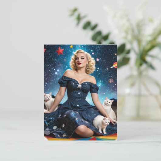 Blonde vrouw en katten briefkaart (Staand voorkant)