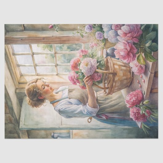 blonde vrouw gearrangeerd roze pioenen tissuepapier (Voorkant)