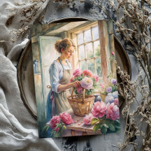  blonde vrouw gearrangeerd roze pioenen