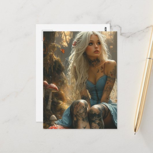 Blonde vrouw in het paddenstoelenbos briefkaart (Voorkant / Achterkant in situ)
