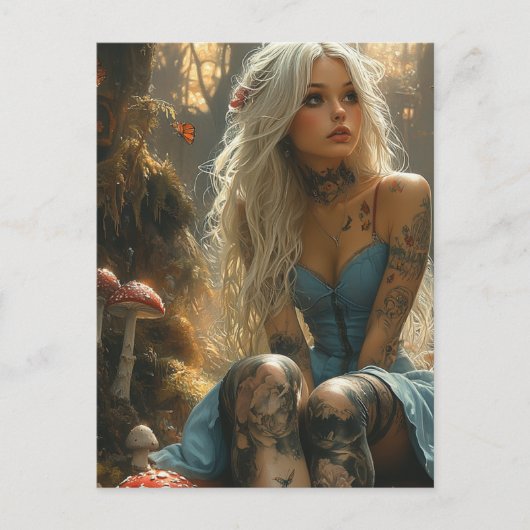 Blonde vrouw in het paddenstoelenbos briefkaart (Voorkant)