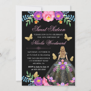 Blonde vrouw in Mexicaanse bloemjurk Sweet 16 Kaart