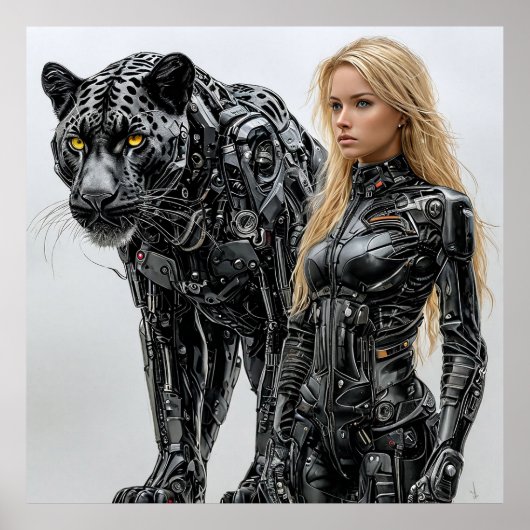 Blonde vrouw in zwart latex pak poster (Voorkant)