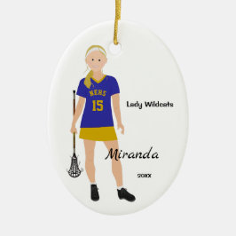 Blonde Vrouw Lacrosse Player in blauw en geel Keramisch Ornament