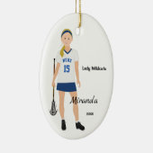 Blonde Vrouw Lacrosse Player in blauw en wit Keramisch Ornament (Rechts)