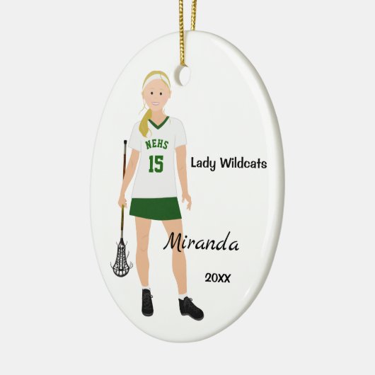Blonde Vrouw Lacrosse Player in groen en wit Keramisch Ornament (Links)