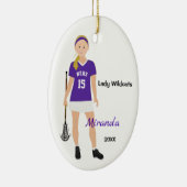 Blonde Vrouw Lacrosse Speler in Paarse en witte kl Keramisch Ornament (Rechts)