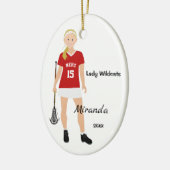 Blonde Vrouw Lacrosse speler in rood en wit Keramisch Ornament (Links)