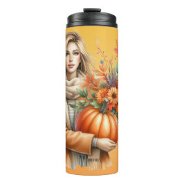  BLONDE VROUW MET HERFST POMPOENEN EN BLOEMEN THERMOSBEKER