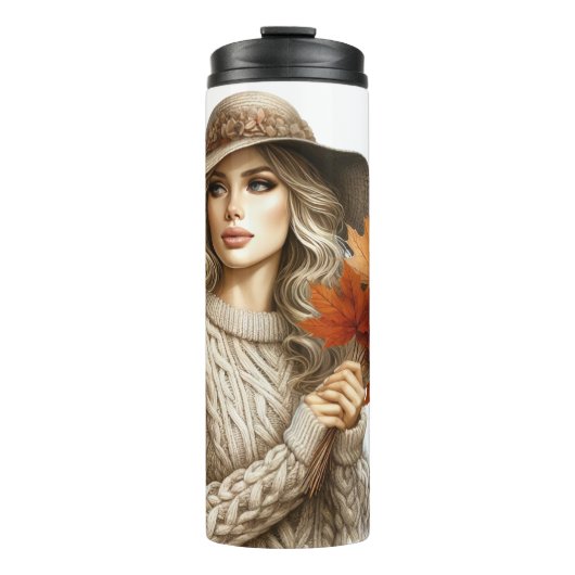 BLONDE VROUW MET VALLENDE BLADEREN THERMOSBEKER (Voorkant)