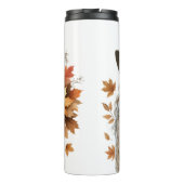 BLONDE VROUW MET VALLENDE BLADEREN THERMOSBEKER (Achterkant)