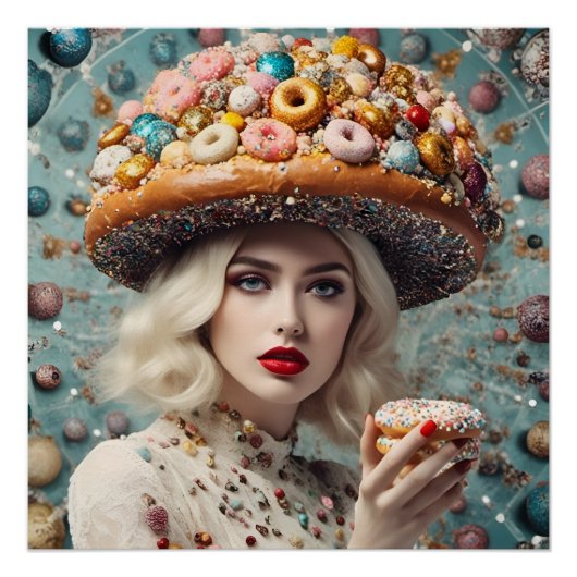 Blonde vrouw op planeet Doughnuts fantasie Perfect Poster (Voorkant)