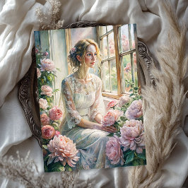  blonde vrouw roze pioenen gezellig raam tissuepapier