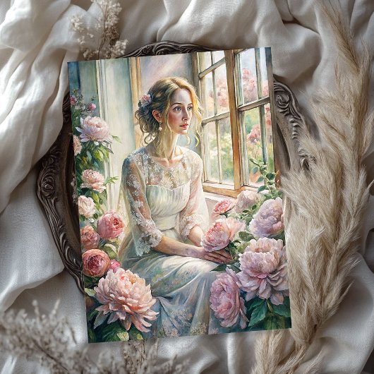  blonde vrouw roze pioenen gezellig raam tissuepapier