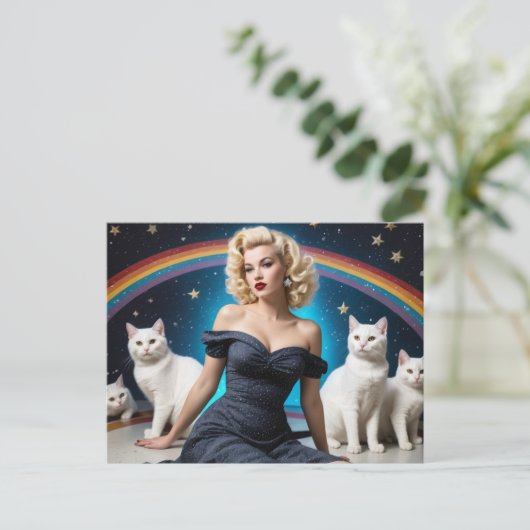 Blonde Vrouw Witte Katten Regenboog Briefkaart (Staand voorkant)