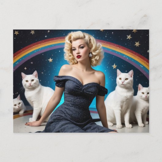Blonde Vrouw Witte Katten Regenboog Briefkaart (Voorkant)