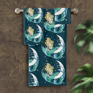 Blonde Zeemeermin Halve Maan Fantasy Art Deco Bad Handdoek