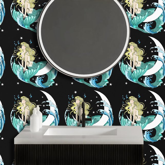 Blonde Zeemeermin Halve Maan Fantasy Art Deco Behang (Creator heeft geüpload)