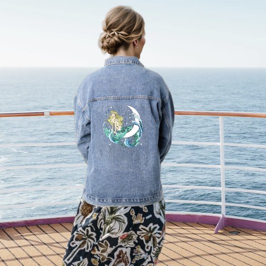 Blonde Zeemeermin Halve Maan Fantasy Art Deco Denim Jacket