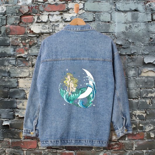 Blonde Zeemeermin Halve Maan Fantasy Art Deco Denim Jacket