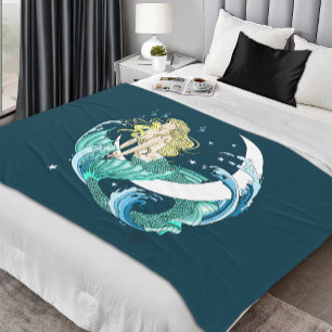 Blonde Zeemeermin Halve Maan Fantasy Art Deco Fleece Deken