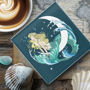 Blonde Zeemeermin Halve Maan Fantasy Art Deco Glazen Onderzetter