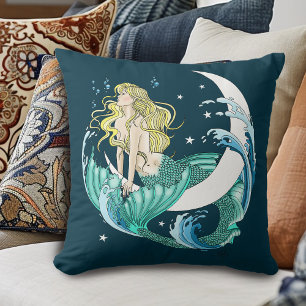 Blonde Zeemeermin Halve Maan Fantasy Art Deco Kussen