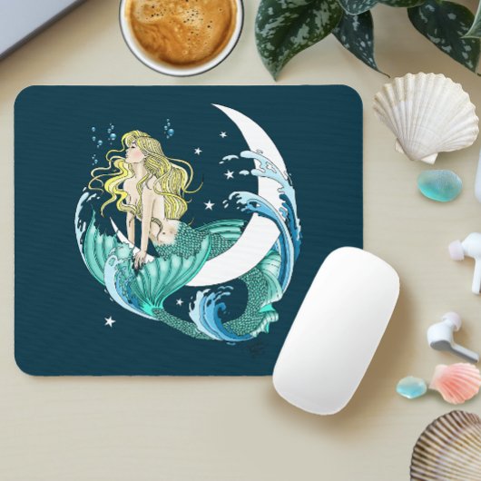 Blonde Zeemeermin Halve Maan Fantasy Art Deco Muismat