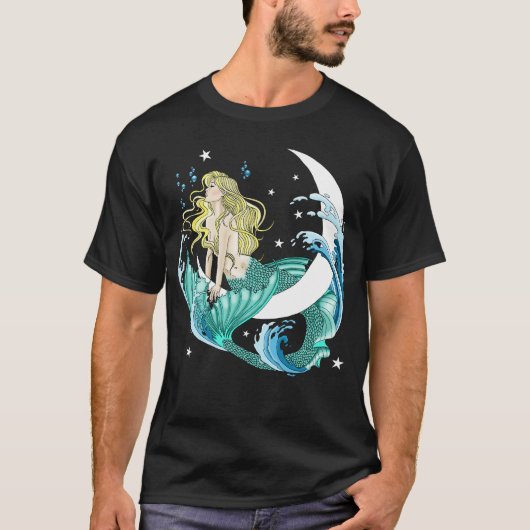 Blonde Zeemeermin Halve Maan Fantasy Art Deco T-shirt (Voorkant)