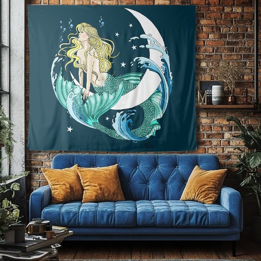 Blonde Zeemeermin Halve Maan Fantasy Art Deco Wandkleed