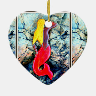 blonde zeemeermin in het rood keramisch ornament